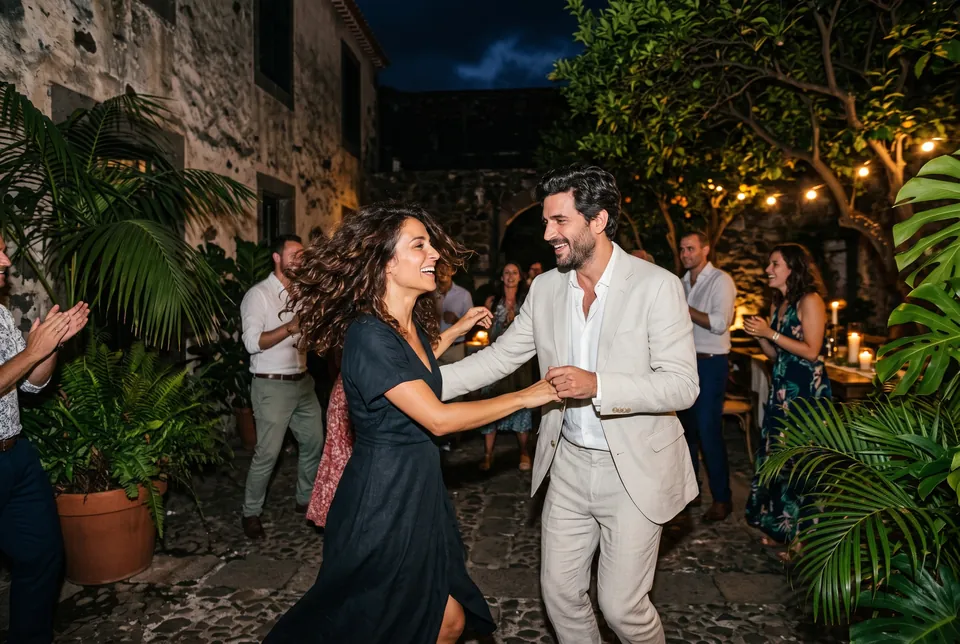 Alma und Niko tanzen im Innenhof, Gäste klatschen