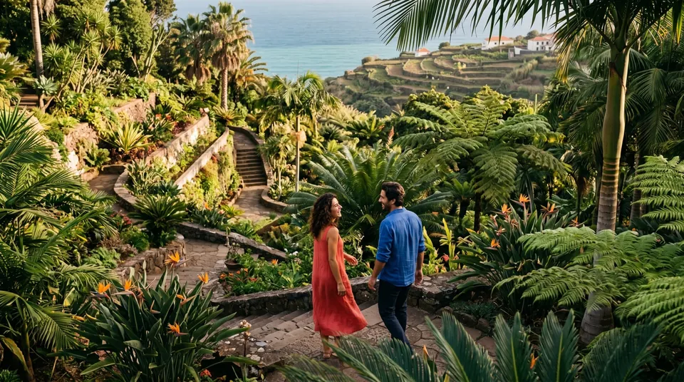 Alma und Niko spazieren lachend durch einen terrassierten Garten über dem Atlantik