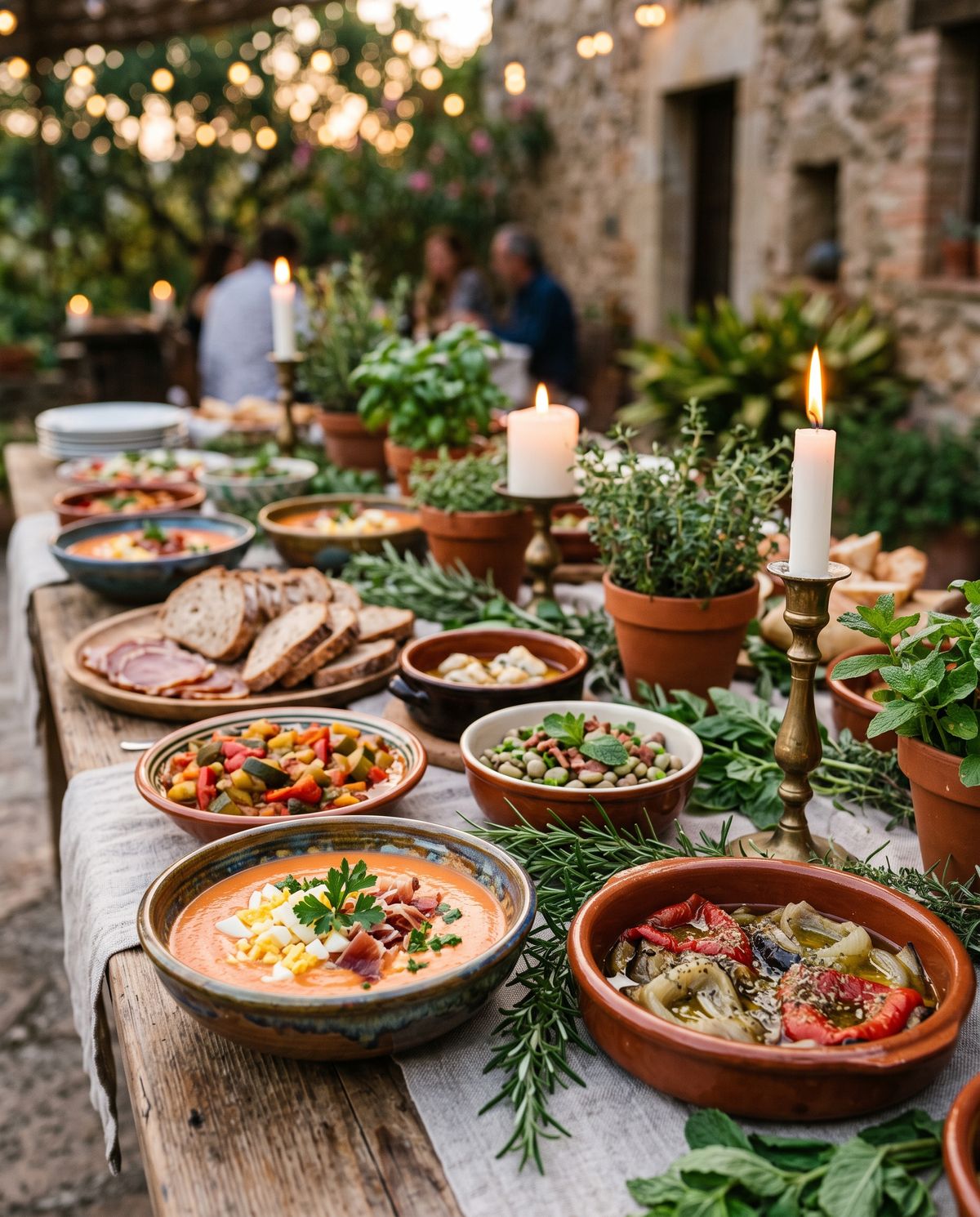 Buffet mit regionalen Gerichten, Kräutern und Kerzenlicht an einem langen Holztisch