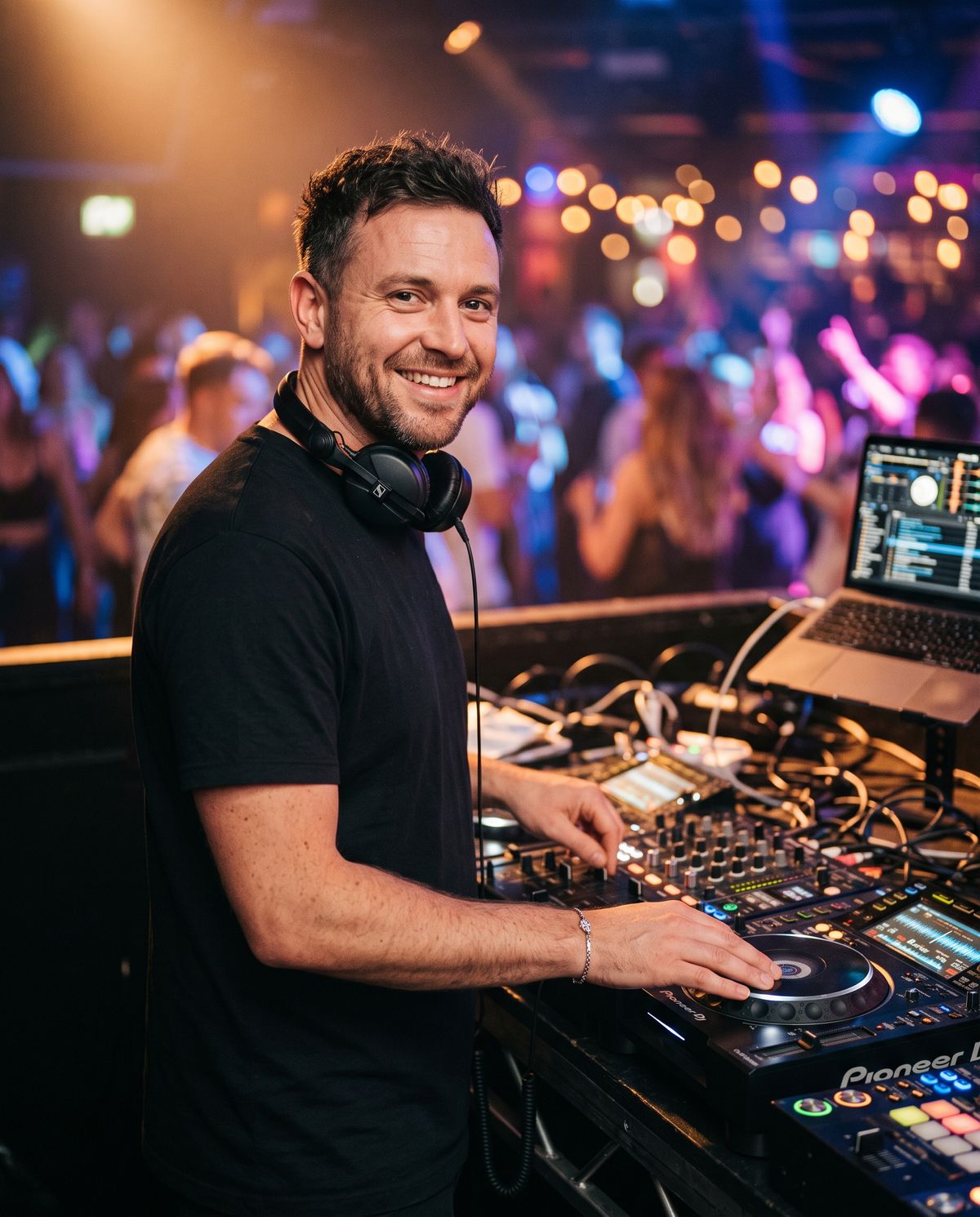 DJ Milo lächelt hinter seinem Pult, im Hintergrund tanzende Gäste im warmen Licht