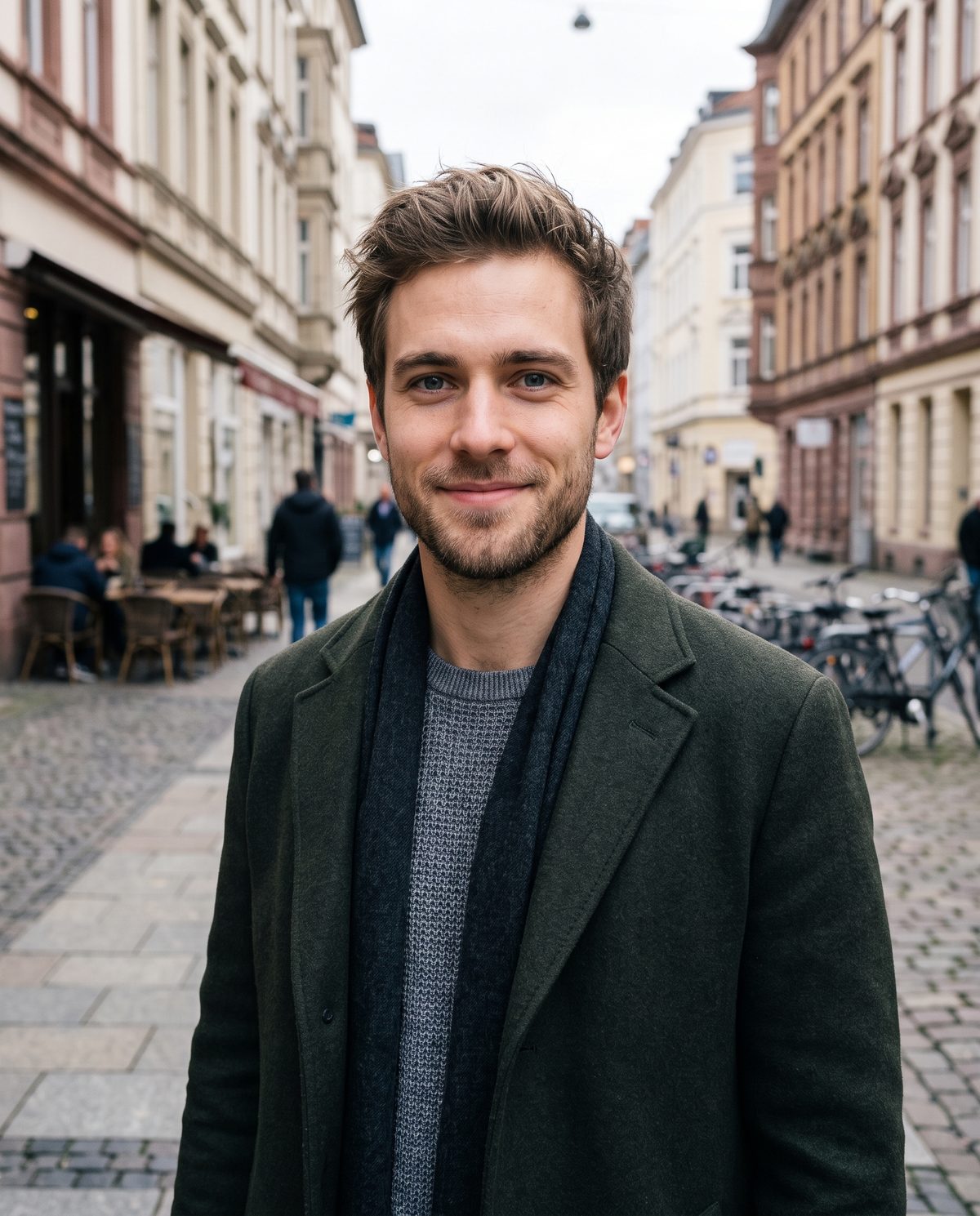 Jonas lächelt in einer Kölner Gasse