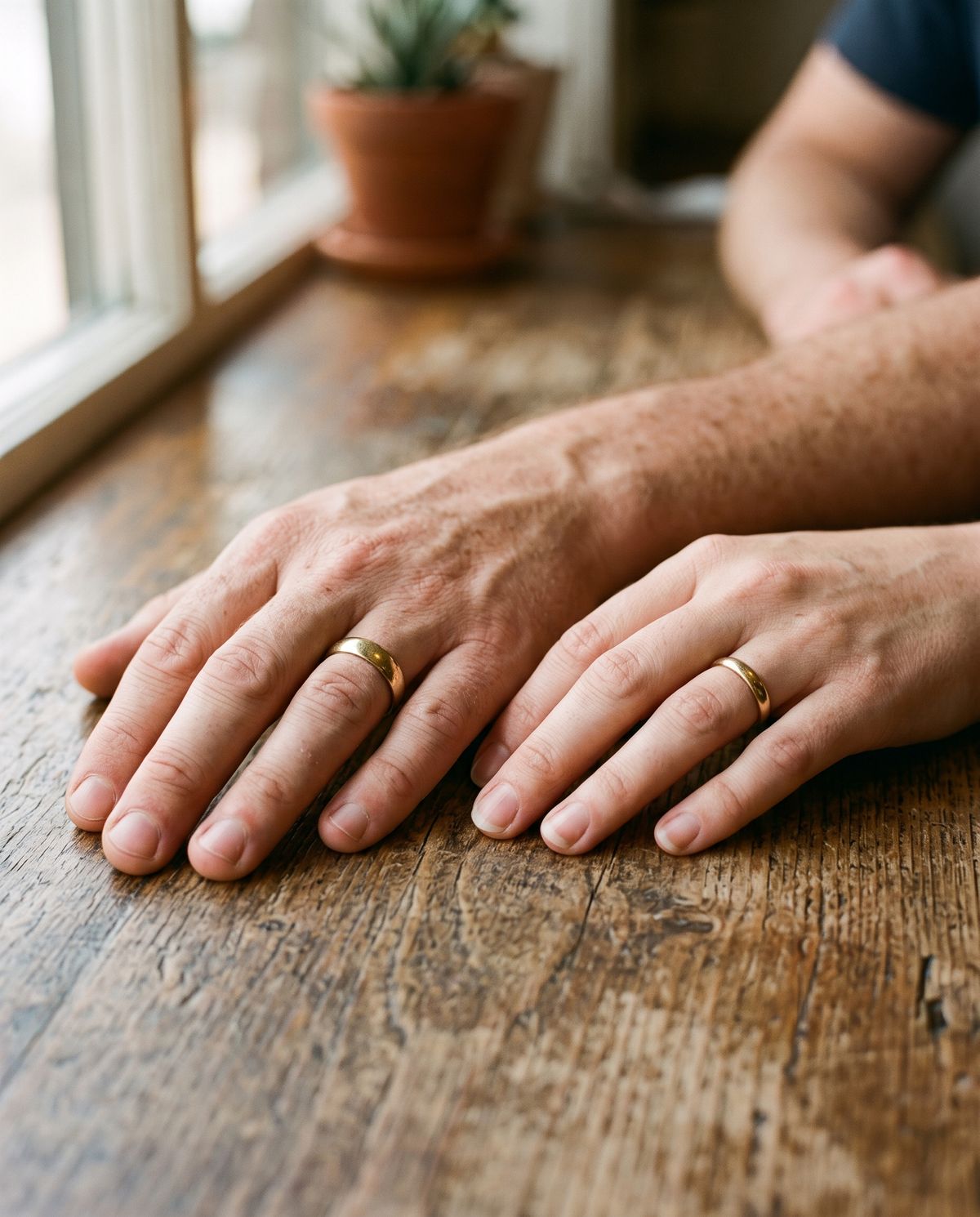 Zwei Hände mit goldenen Ringen auf einem alten Holztisch