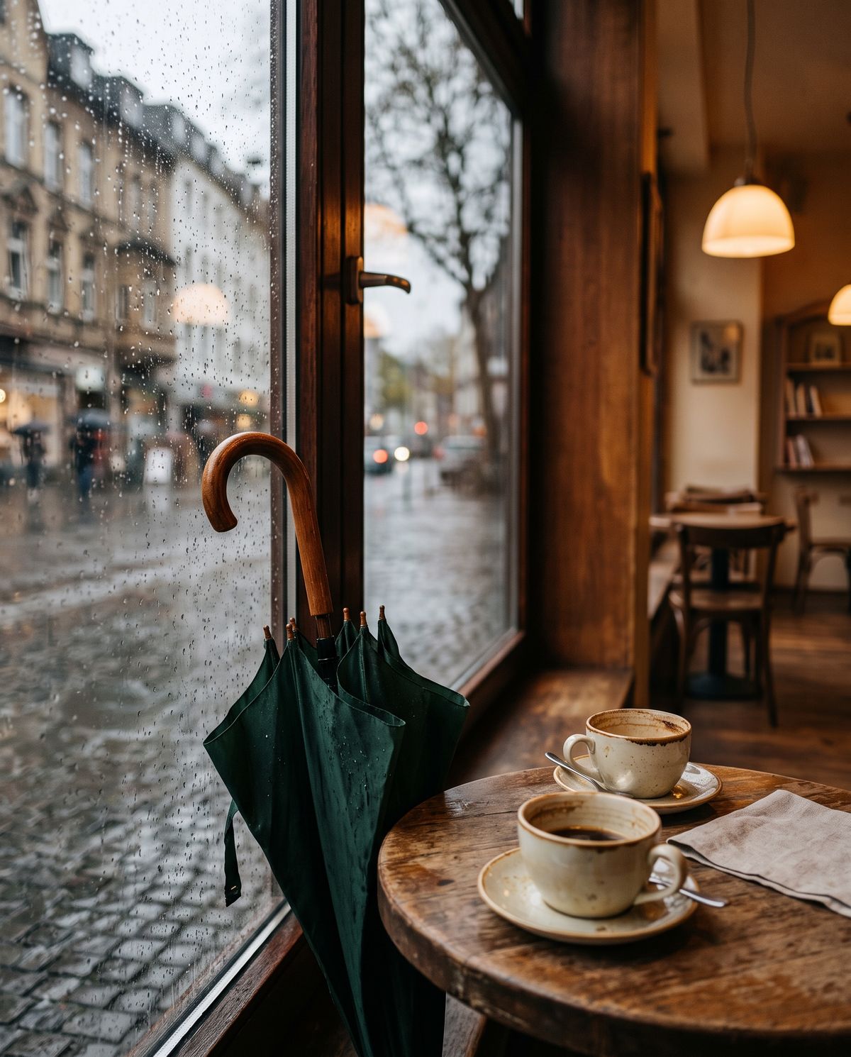 Ein vergessener grüner Regenschirm neben zwei Kaffeetassen am Fenster eines Cafés